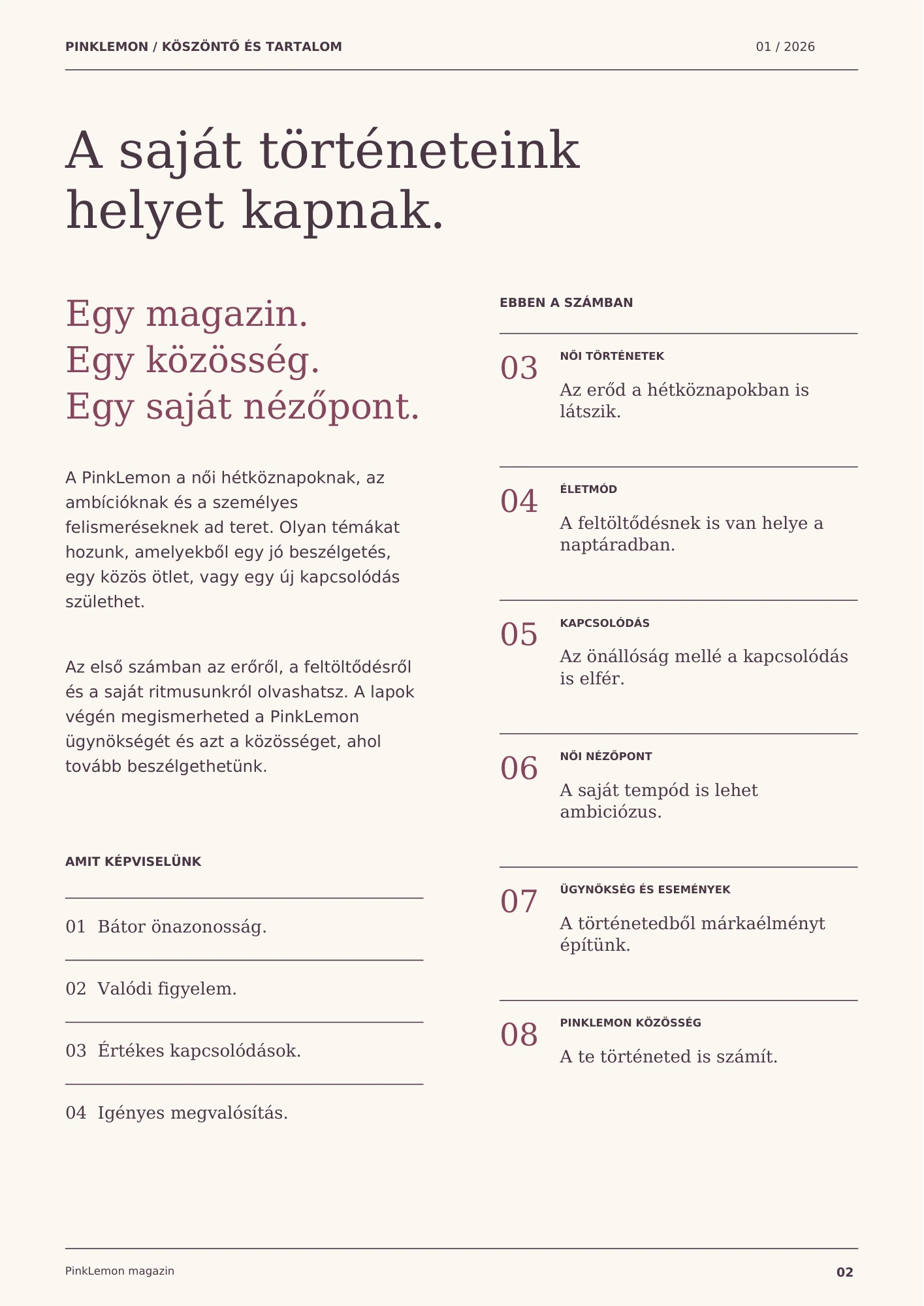 2. oldal: Köszöntő és tartalom