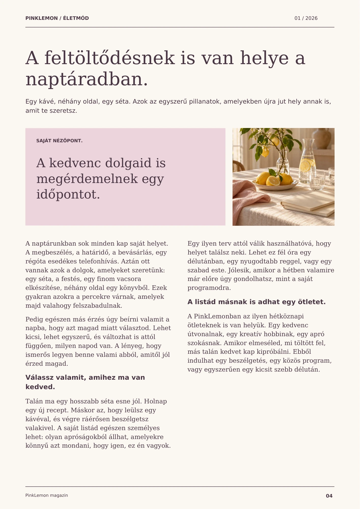 4. oldal: A feltöltődésnek is van helye a naptáradban.